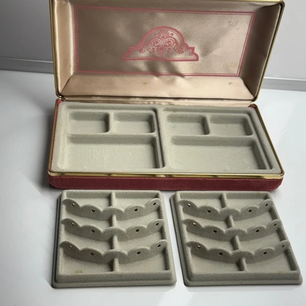Vintage Jewelry Box Organizer Pink Velvet Lined Ring Earring‎ Storage 9
